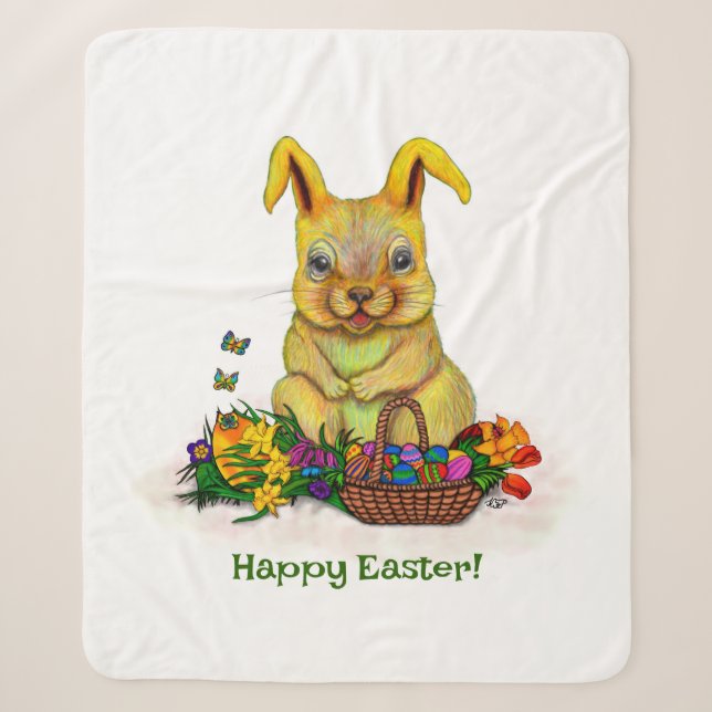 Couverture Sherpa Joli lapin de Pâques avec oeufs et fleurs (Devant)