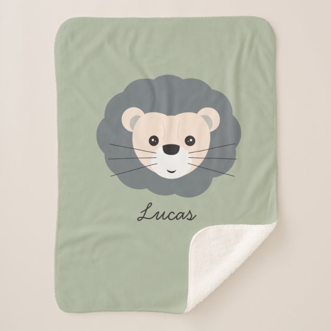 Couverture Sherpa Joli Lion illustration Sage Vert Personnalisé Bébé (Devant)