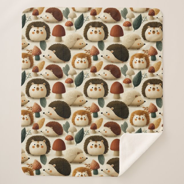 Couverture Sherpa Joli motif de hérisson et de champignon de la forê (Devant)