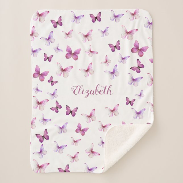 Couverture Sherpa Joli papillon rose et violet fille (Devant)