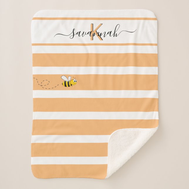 Couverture Sherpa Jolie abeille jaune orange blanc rayures monogramm (Devant)