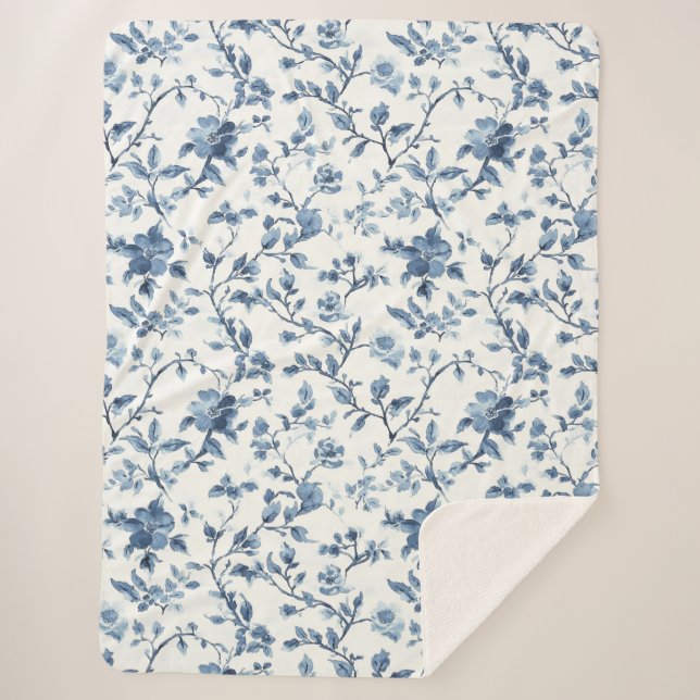 Couverture Sherpa Jolie Florale Bleue Blanche   (Devant)