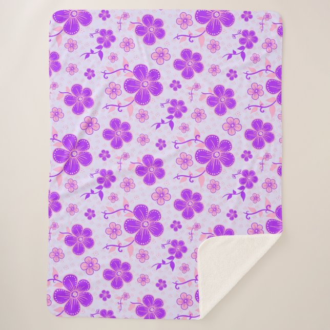 Couverture Sherpa Jolie impression florale violette et rose sur fond (Devant)