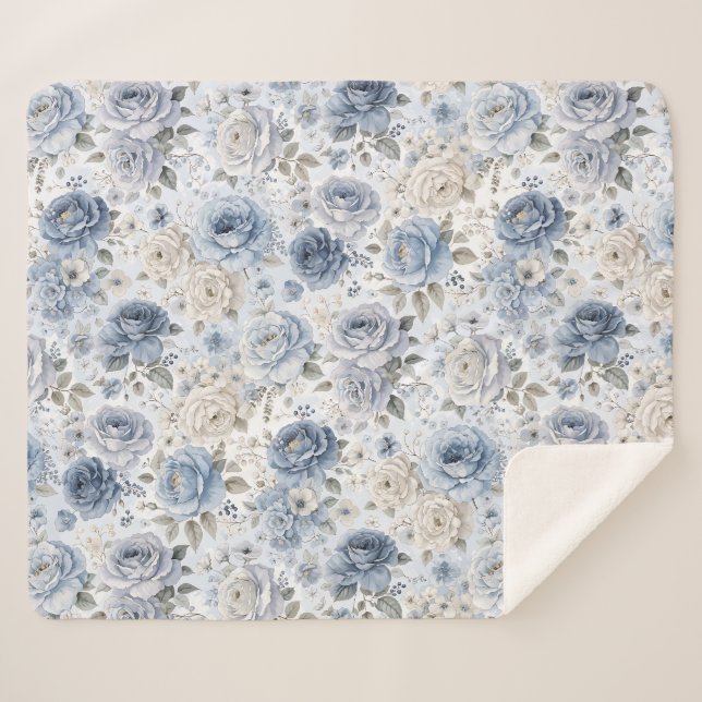 Couverture Sherpa Jolie Rose Bleue Aquarelle Florale  (Devant (Horizontal))