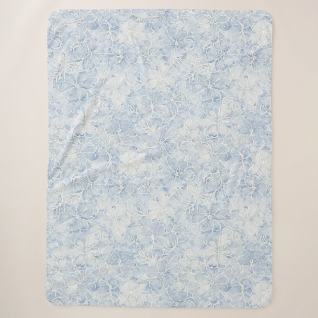 Couverture Sherpa Jolies Fleurs Blanches Bleues   (Devant)