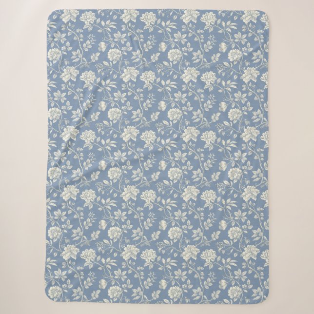 Couverture Sherpa Jolies Fleurs Crème Bleu Romantique   (Devant)