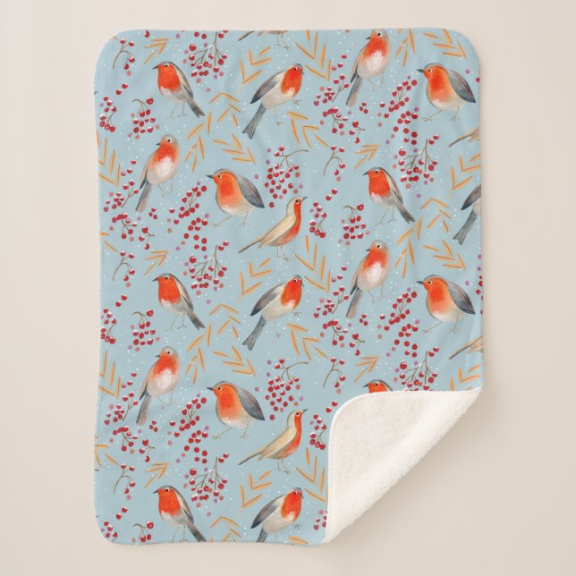 Couverture Sherpa Jolis oiseaux festifs motif bleu (Devant)