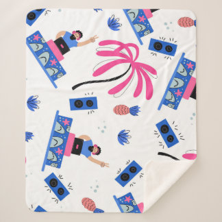 Couverture Sherpa Joyeux DJ, motif de plage tropical.