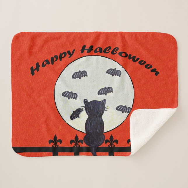 Couverture Sherpa Joyeux Halloween Chat noir Fence Lune Bats Volant (Devant (Horizontal))