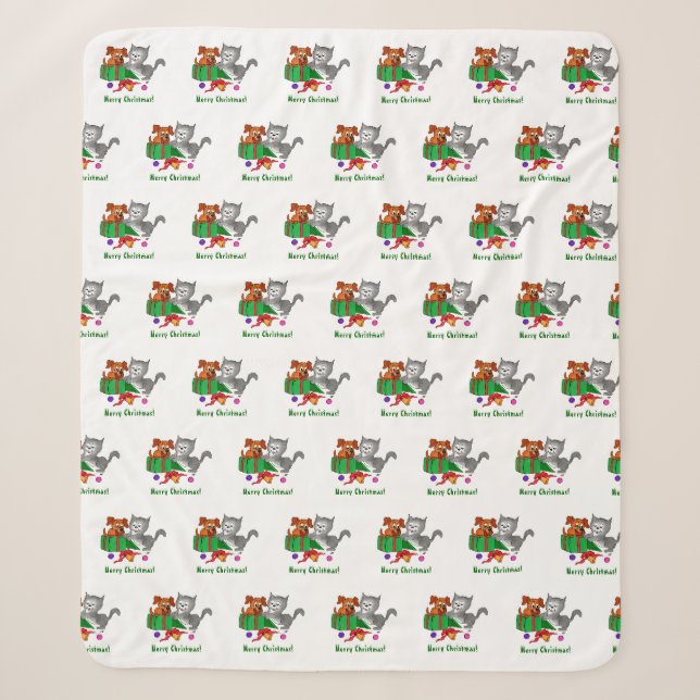 Couverture Sherpa Joyeux Noël avec chat et chiot (Devant)