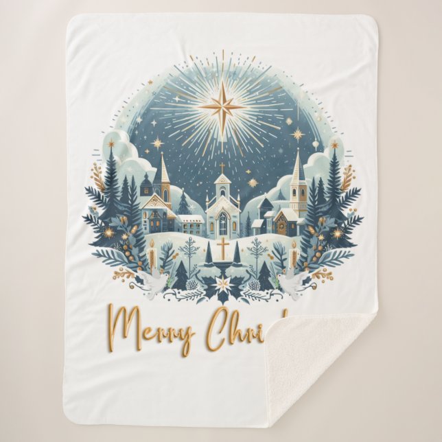 Couverture Sherpa Joyeux Noël bleu et or (Devant)