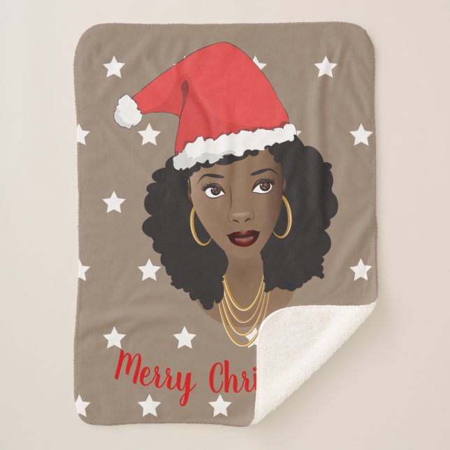 Couverture Sherpa Joyeux Noël, Femme noire, Étoiles blanches, Brown (Devant)