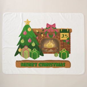 Couverture Sherpa Joyeux Noël près de la cheminée bonfire xmas arbre