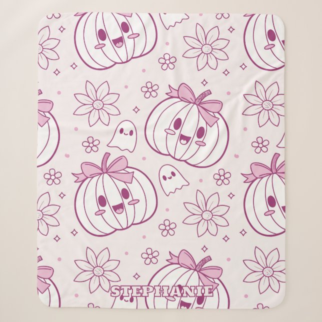 Couverture Sherpa Kawaii Citrouilles, Fantômes & Fleurs (Devant)