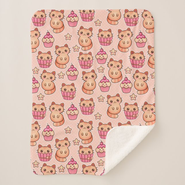 Couverture Sherpa Kawaii Cute Cats and Cupcakes Motif rose (Devant)