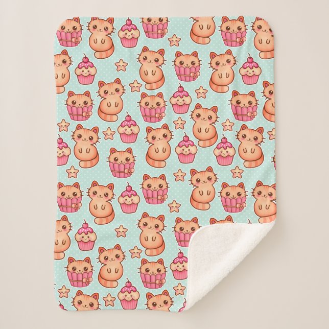 Couverture Sherpa Kawaii Cute Cats Cupcakes Motif rose et bleu (Devant)