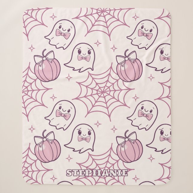 Couverture Sherpa Kawaii Halloween rose Fantômes et Citrouille (Devant)