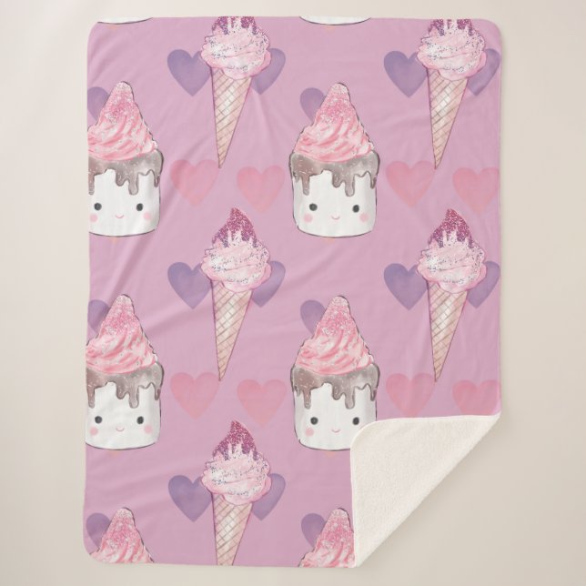 Couverture Sherpa Kawaii Marshmallow & Motif de crème glacée (Devant)