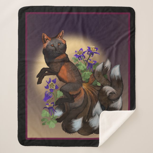 Couverture Sherpa Kitsune et fleurs de colombine (Devant)