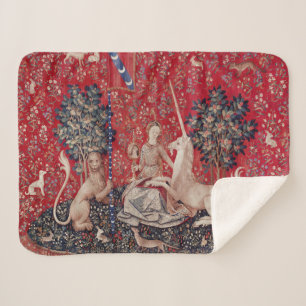 Couverture Sherpa Lady et Unicorne Vue de la Tapisserie Médiévale
