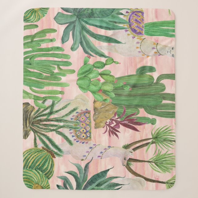 Couverture Sherpa Lamas aquarelle et motif cactus. (Devant)