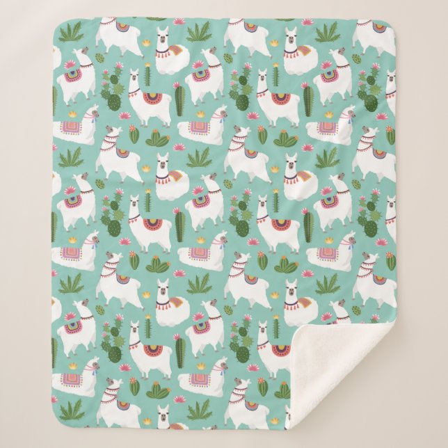 Couverture Sherpa Lamas mignons sur le motif turquoise (Devant)