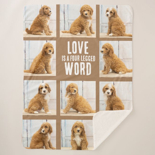 Couverture Sherpa L'AMOUR EST | Photo Collage Chiot sur Brown (Devant)