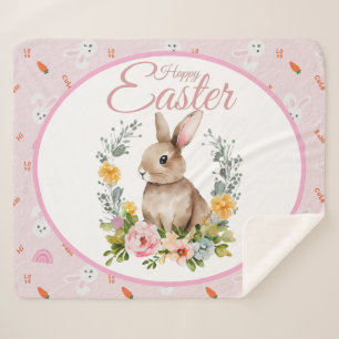Couverture Sherpa Lapin de Pâques à l'aquarelle avec couronne floral