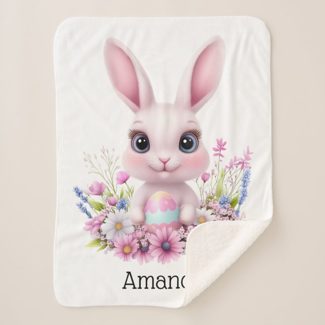 Couverture Sherpa Lapin Mignon Fleurs Roses avec Oeuf de Pâques (Devant)