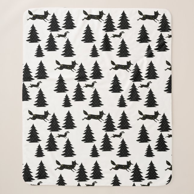 Couverture Sherpa Lapin renard scandinave Noir Arbre de Noël (Devant)