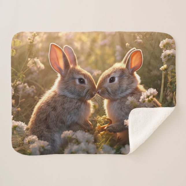 Couverture Sherpa Lapins Adorables dans le Pré de Printemps Design (Devant (Horizontal))