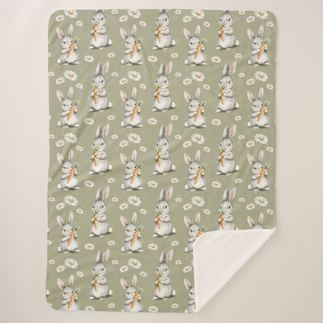 Couverture Sherpa Lapins avec Carottes Fleurs Vertes Daisy Anniversa (Devant)