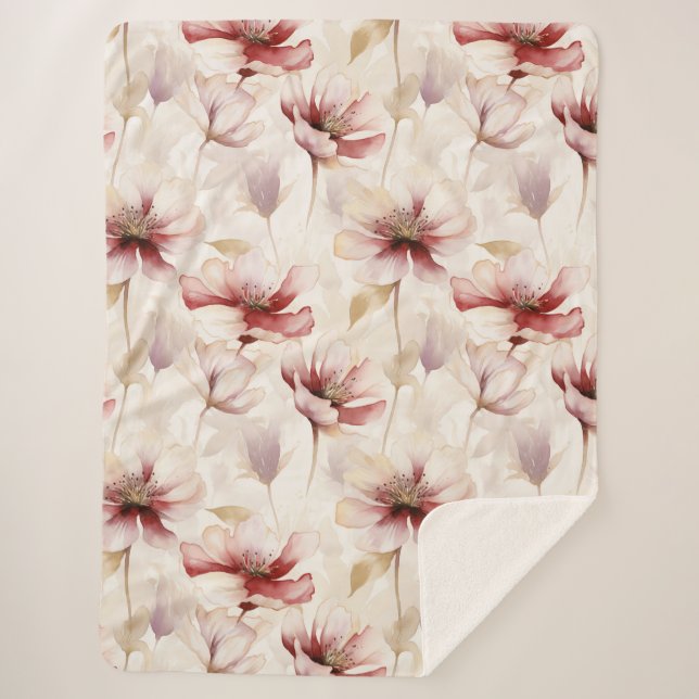 Couverture Sherpa Lavande de crème Bourgogne Florale (Devant)