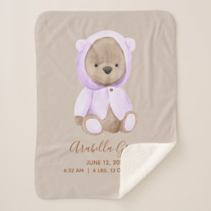 Couverture Sherpa Lavender Teddy Bear Bébé statistiques de naissance