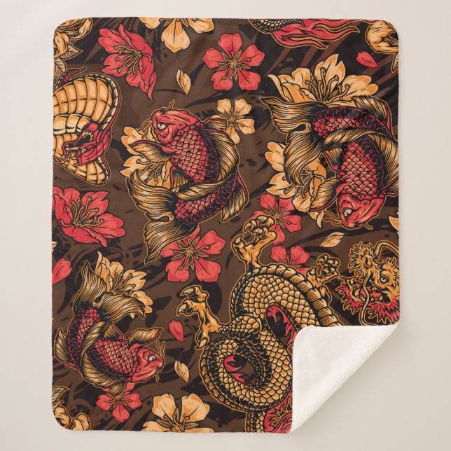 Couverture Sherpa Le dragon japonais koi motif. (Devant)