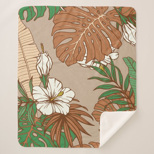Couverture Sherpa Léopard fourrure tropicale feuille fleurs d'hibisc (Devant)
