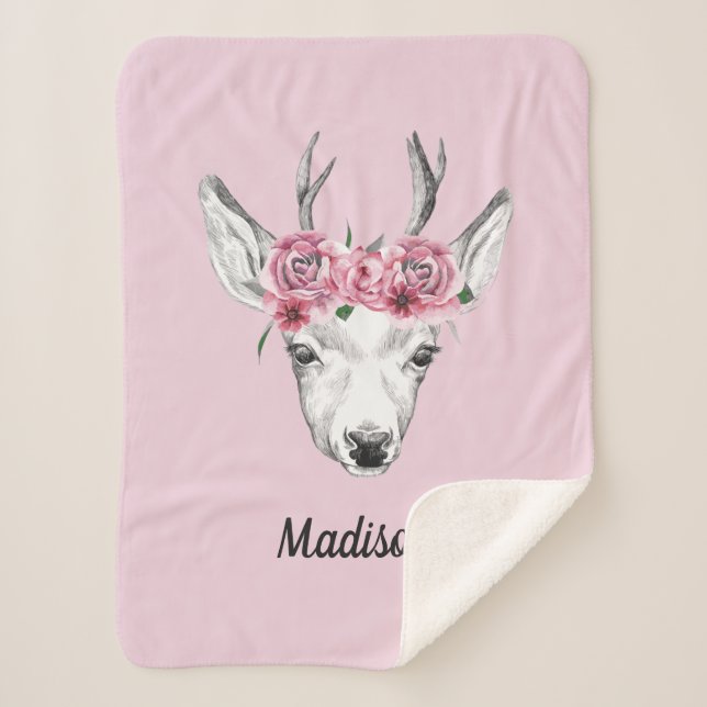 Couverture Sherpa Les cerfs communs de fleurs d'aquarelle | ajoutent (Devant)