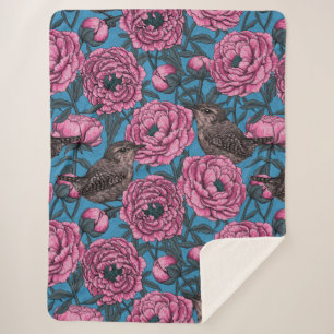 Couverture Sherpa Les pivoines et les brindilles sur le bleu
