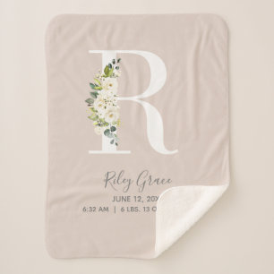 Couverture Sherpa LETTRE Florale Rose BLANC R Script Bébé Statistiqu