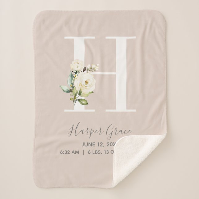 Couverture Sherpa LETTRE Florale Rose BLANCHE H Script Bébé Statisti (Devant)