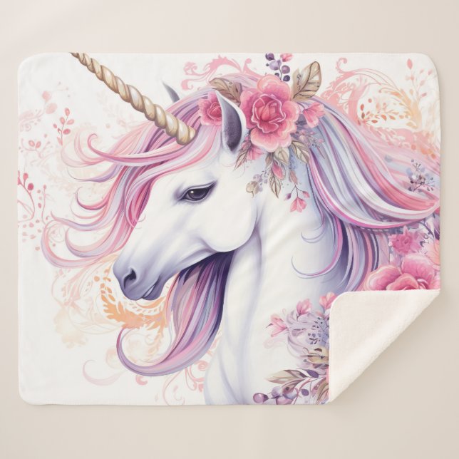 Couverture Sherpa Licorne Florale Magnifique (Devant (Horizontal))