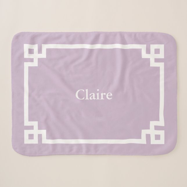 Couverture Sherpa Lilas Violet et Blanc Monogramme à la Grecque (Devant (Horizontal))