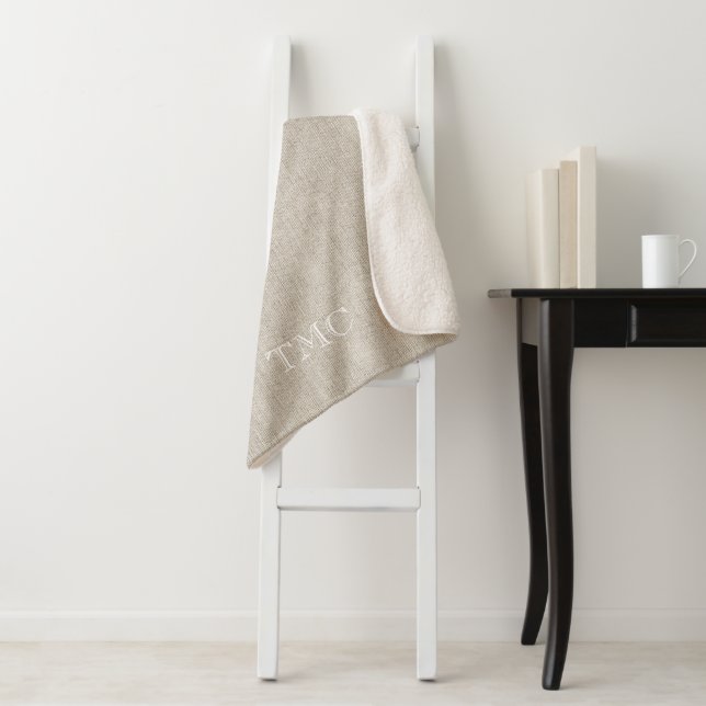 Couverture Sherpa Linen fin classique INITIALES Blanc Conservation n (En situation)