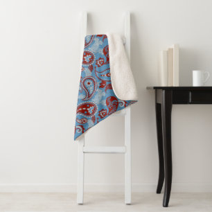 Couverture Sherpa Linocut traditionnel Paisley Rouge Bleu Blanc