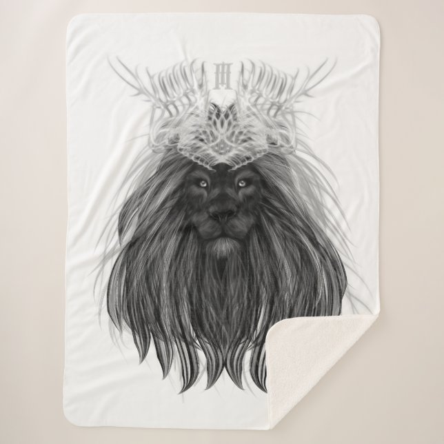 Couverture Sherpa Lion noir avec couronne Antlers et monogramme (Devant)
