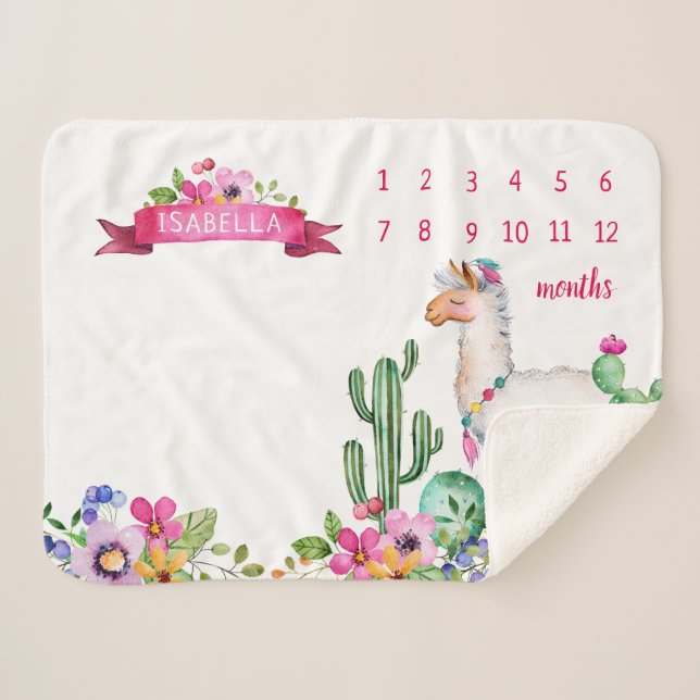 Couverture Sherpa Llama et Cactus Floral Baby Name Milestone Photo (Devant (Horizontal))