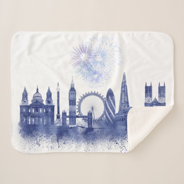 Couverture Sherpa Londres Skyline - Aquarelle bleue (Devant (Horizontal))