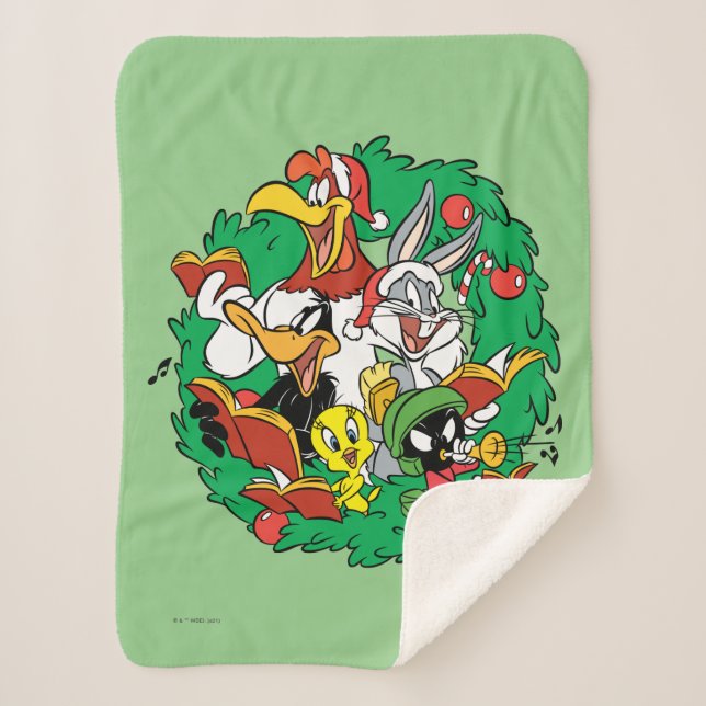 Couverture Sherpa LOONEY TUNES™ Group Christmas Wreath (Devant)