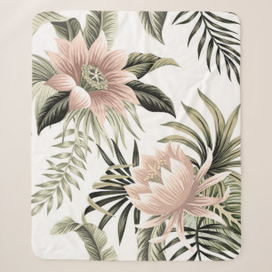 Couverture Sherpa Lotus rose vintage tropical, feuilles de palmiers,