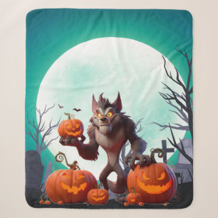 Couverture Sherpa loup-garou et citrouilles d'Halloween